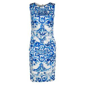 DOLCE & GABBANA Blue Majolica-Print Ruched Dress - Size 40